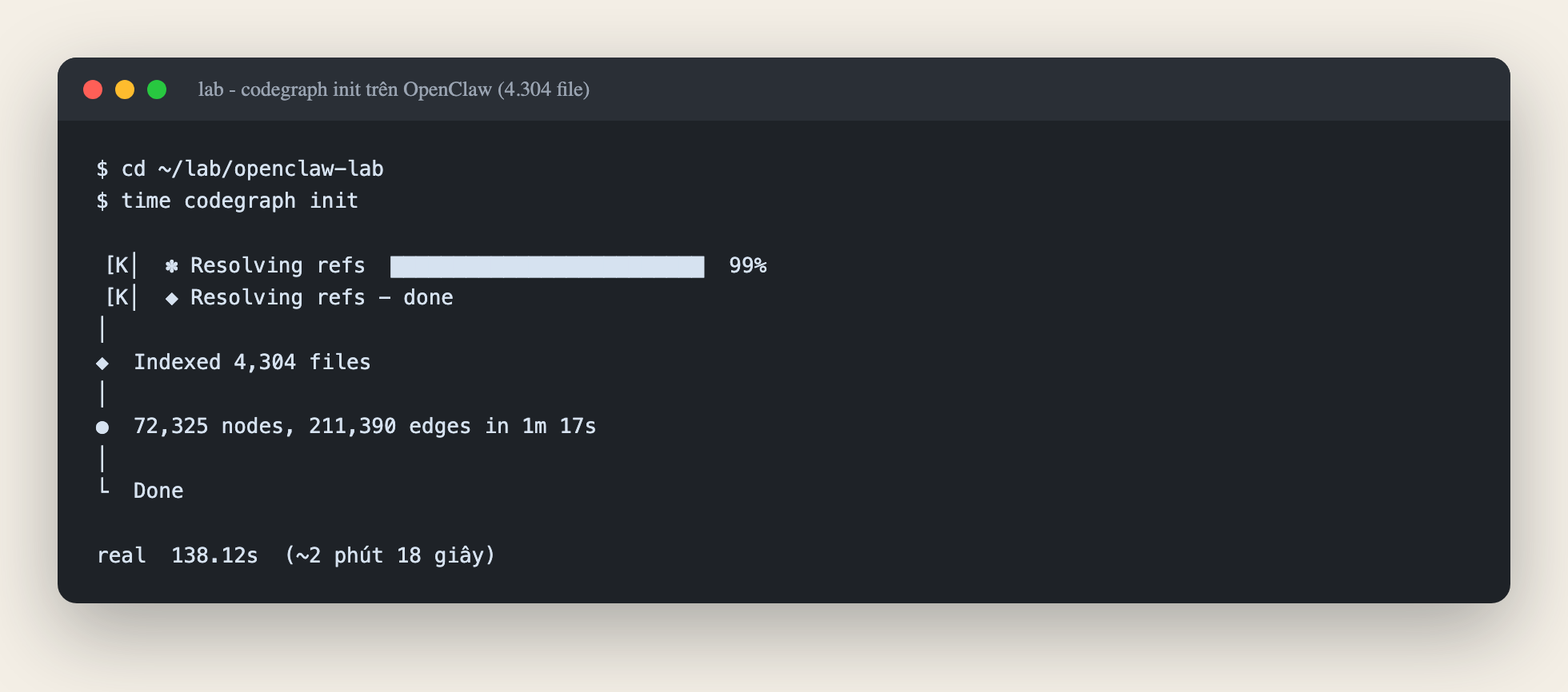 codegraph init trên repo 4.304 file