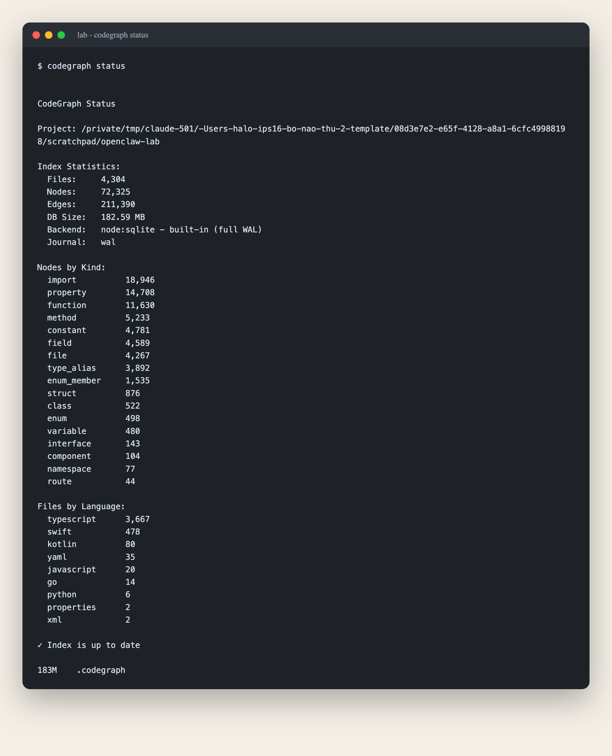 codegraph status: 72k node, 211k edge, backend native