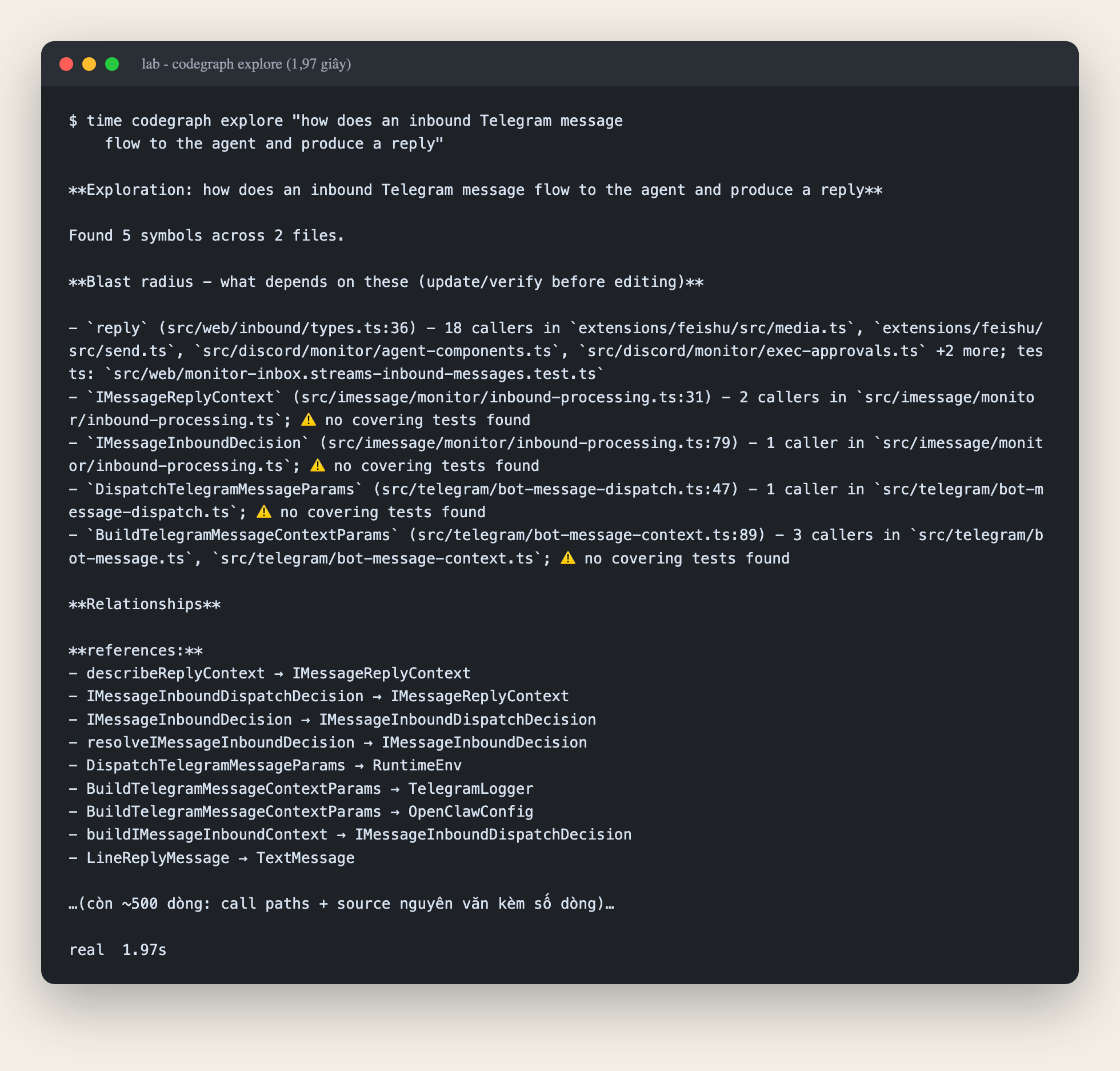 codegraph explore trả lời trong 1,97 giây